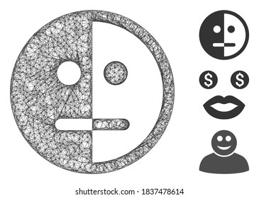 Mesh bipolarity face polygonal web icon vector illustration. Carcass model is based on bipolarity face flat icon. Triangle network forms abstract bipolarity face flat carcass.