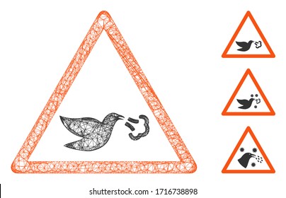 Mesh bird flu warning polygonal web symbol vector illustration. Carcass model is based on bird flu warning flat icon. Triangular mesh forms abstract bird flu warning flat model.