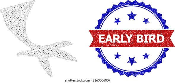 Mesh bird foot framework illustration, and bicolor unclean Early Bird seal stamp. Mesh carcass illustration created from bird foot icon.
