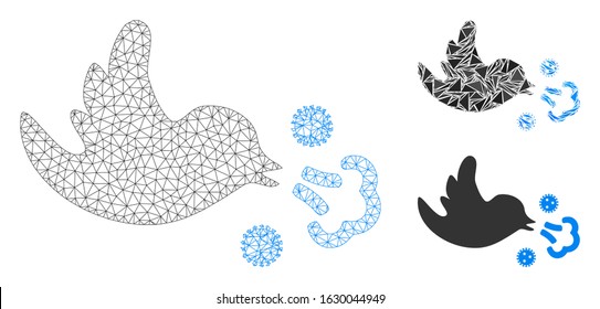 Mesh bird infection model with triangle mosaic icon. Wire carcass polygonal mesh of bird infection. Vector mosaic of triangle elements in various sizes, and color shades.