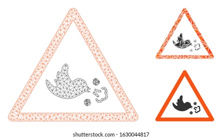 Mesh bird influenza warning model with triangle mosaic icon. Wire frame polygonal mesh of bird influenza warning. Vector composition of triangle parts in different sizes, and color tinges.