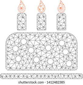 Mesh birthday cake model icon. Wire frame triangular mesh of vector birthday cake isolated on a white background. Abstract 2d mesh built from triangular lines and round dots.