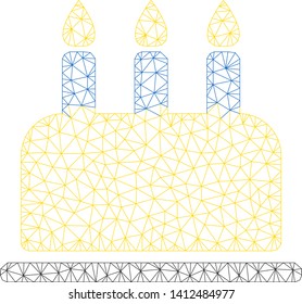 Mesh birthday cake model icon. Wire carcass triangular mesh of vector birthday cake isolated on a white background. Abstract 2d mesh designed with triangular lines and dots.