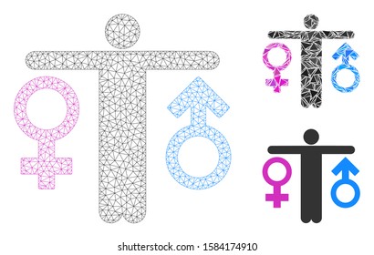 Mesh bisexual man model with triangle mosaic icon. Wire carcass triangular mesh of bisexual man. Vector collage of triangle elements in various sizes, and color shades.