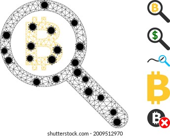Auditoría de bitcoin en malla ilustración de un vector de icono poligonal, con nodos Covid negros. El modelo de canal se crea a partir de un icono plano de auditoría de bitcoin, con centros de infección y malla poligonal.