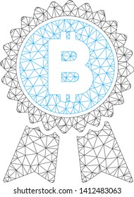 Mesh Bitcoin award seal model icon. Wire frame polygonal mesh of vector Bitcoin award seal isolated on a white background. Abstract 2d mesh built from polygonal grid and dots.