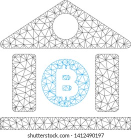 Mesh Bitcoin bank building model icon. Wire frame polygonal mesh of vector Bitcoin bank building isolated on a white background. Abstract 2d mesh created from polygonal grid and circle nodes.