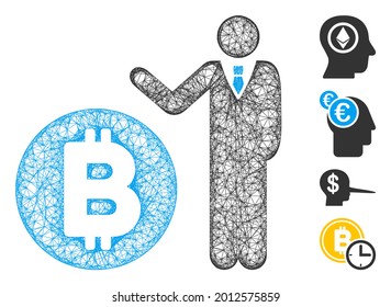 Mesh Bitcoin banker web 2d ilustración vectorial. El modelo Carcass se basa en el icono plano de Bitcoin banker. Formularios de red abstract Bitcoin banker modelo plano.