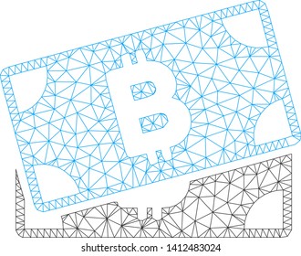 Mesh Bitcoin banknotes model icon. Wire frame triangular mesh of vector Bitcoin banknotes isolated on a white background. Abstract 2d mesh built from triangular lines and spheric points.