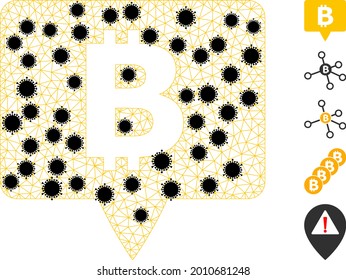 Mesh bitcoin banner polygonal symbol vector illustration, with black infection nodes. Carcass model is based on bitcoin banner flat icon, with infection elements and polygonal net.