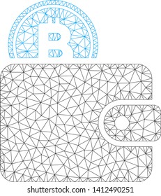 Mesh Bitcoin billfold model icon. Wire frame triangular mesh of vector Bitcoin billfold isolated on a white background. Abstract 2d mesh built from triangular lines and dots.