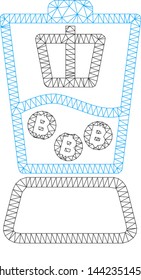 Mesh Bitcoin blender model icon. Wire frame triangular mesh of vector Bitcoin blender isolated on a white background. Abstract 2d mesh created from triangular lines and points.