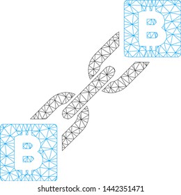 Mesh Bitcoin blockchain model icon. Wire frame polygonal mesh of vector Bitcoin blockchain isolated on a white background. Abstract 2d mesh created from polygonal grid and points.