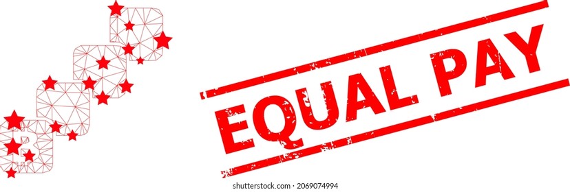 Mesh bitcoin blockchain polygonal icon vector illustration, and red EQUAL PAY dirty stamp imitation. Carcass model is created from bitcoin blockchain flat icon, with stars and triangle mesh.