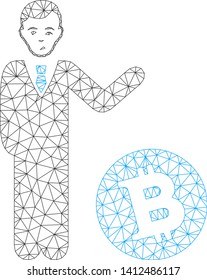 Mesh Bitcoin businessman model icon. Wire carcass polygonal mesh of vector Bitcoin businessman isolated on a white background. Abstract 2d mesh built from polygonal grid and spheric points.