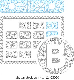 Mesh Bitcoin calendar model icon. Wire carcass polygonal mesh of vector Bitcoin calendar isolated on a white background. Abstract 2d mesh created from polygonal grid and circle nodes.