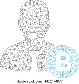 Mesh Bitcoin call operator model icon. Wire frame polygonal mesh of vector Bitcoin call operator isolated on a white background. Abstract 2d mesh created from polygonal grid and points.