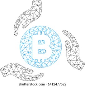 Mesh Bitcoin care hands model icon. Wire carcass triangular mesh of vector Bitcoin care hands isolated on a white background. Abstract 2d mesh built from triangular lines and dots.