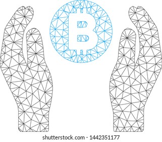 Mesh Bitcoin care hands model icon. Wire carcass polygonal mesh of vector Bitcoin care hands isolated on a white background. Abstract 2d mesh built from polygonal grid and small circle.