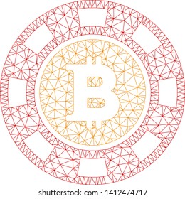 Mesh Bitcoin casino chip modelo icono. Malla triangular de canal de cable del vector chip de casino Bitcoin aislado en un fondo blanco. Malla 2d abstracta construida a partir de líneas triangulares y puntos redondos.