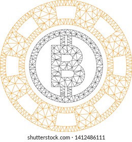 Mesh Bitcoin casino chip model icon. Wire frame triangular mesh of vector Bitcoin casino chip isolated on a white background. Abstract 2d mesh designed with triangular lines and circle nodes.