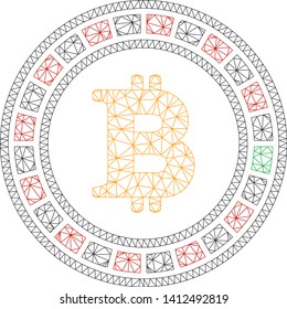 Mesh Bitcoin casino roulette model icon. Wire frame triangular mesh of vector Bitcoin casino roulette isolated on a white background.