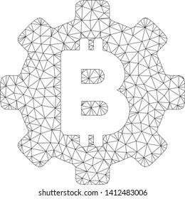 Mesh Bitcoin cog wheel model icon. Wire frame triangular mesh of vector Bitcoin cog wheel isolated on a white background. Abstract 2d mesh built from triangular lines and circle nodes.