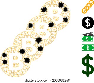 Mesh bitcoin coin blockchain polygonal symbol vector illustration, with black coronavirus centers. Carcass model is based on bitcoin coin blockchain flat icon,