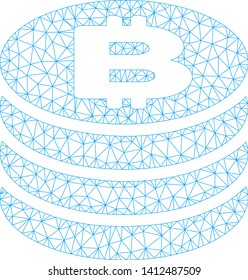 Mesh Bitcoin coin column model icon. Wire frame triangular mesh of vector Bitcoin coin column isolated on a white background. Abstract 2d mesh designed with triangular lines and small circle.