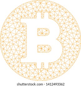 Mesh Bitcoin coin model icon. Wire frame polygonal mesh of vector Bitcoin coin isolated on a white background. Abstract 2d mesh designed with polygonal grid and points.