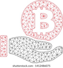 Mesh Bitcoin coin payment hand model icon. Wire frame triangular mesh of vector Bitcoin coin payment hand isolated on a white background. Abstract 2d mesh created from triangular lines and dots.