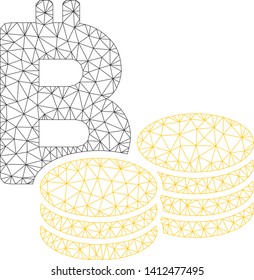 Mesh Bitcoin coins model icon. Wire carcass polygonal mesh of vector Bitcoin coins isolated on a white background. Abstract 2d mesh designed with polygonal grid and circle nodes.