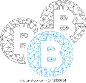 Mesh Bitcoin coins model icon. Wire carcass triangular mesh of vector Bitcoin coins isolated on a white background. Abstract 2d mesh designed with triangular lines and spheric points.