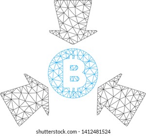 Mesh Bitcoin collect arrows model icon. Wire carcass triangular mesh of vector Bitcoin collect arrows isolated on a white background. Abstract 2d mesh built from triangular lines and points.