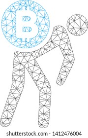 Mesh Bitcoin courier man model icon. Wire carcass polygonal mesh of vector Bitcoin courier man isolated on a white background. Abstract 2d mesh created from polygonal grid and dots.