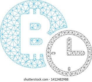 Mesh Bitcoin credit clock model icon. Wire frame triangular mesh of vector Bitcoin credit clock isolated on a white background. Abstract 2d mesh created from triangular lines and points.