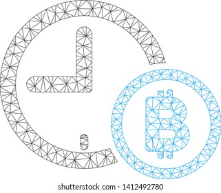 Mesh Bitcoin credit clock model icon. Wire carcass polygonal mesh of vector Bitcoin credit clock isolated on a white background. Abstract 2d mesh built from polygonal grid and dots.