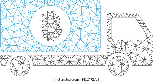 Mesh Bitcoin delivery lorry model icon. Wire carcass triangular mesh of vector Bitcoin delivery lorry isolated on a white background. Abstract 2d mesh built from triangular lines and round dots.