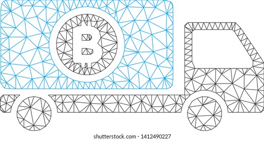 Mesh Bitcoin delivery truck model icon. Wire carcass polygonal mesh of vector Bitcoin delivery truck isolated on a white background. Abstract 2d mesh designed with polygonal grid and small circle.