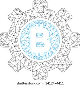 Mesh Bitcoin development gear model icon. Wire carcass polygonal mesh of vector Bitcoin development gear isolated on a white background. Abstract 2d mesh built from polygonal grid and circle nodes.