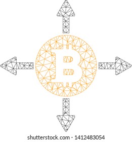 Mesh Bitcoin directions model icon. Wire carcass polygonal mesh of vector Bitcoin directions isolated on a white background. Abstract 2d mesh built from triangular lines and round dots.