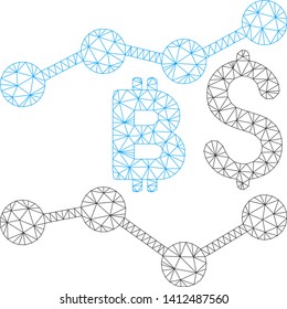 Mesh Bitcoin and dollar trends model icon. Wire frame triangular mesh of vector Bitcoin and dollar trends isolated on a white background.