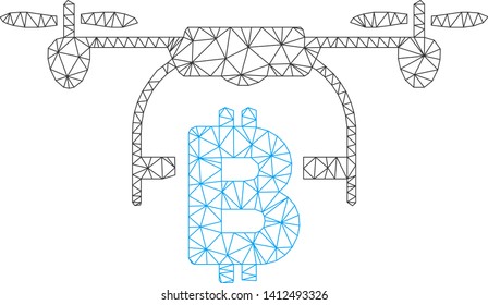 Mesh Bitcoin drone delivery model icon. Wire frame triangular mesh of vector Bitcoin drone delivery isolated on a white background. Abstract 2d mesh built from triangular lines and dots.