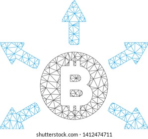 Mesh Bitcoin emission model icon. Wire carcass triangular mesh of vector Bitcoin emission isolated on a white background. Abstract 2d mesh built from triangular lines and dots.