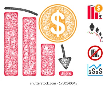 Mesh Bitcoin epic fail graph web icon vector illustration. Carcass model is based on Bitcoin epic fail graph flat icon. Mesh forms abstract Bitcoin epic fail graph flat model.