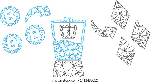 Mesh Bitcoin Ethereum mixer model icon. Wire carcass polygonal mesh of vector Bitcoin Ethereum mixer isolated on a white background. Abstract 2d mesh created from polygonal grid and points.