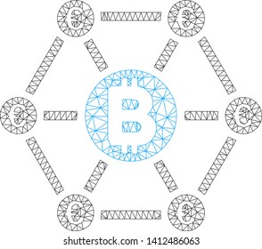 Mesh Bitcoin Euro financial network model icon. Wire frame polygonal mesh of vector Bitcoin Euro financial network isolated on a white background.