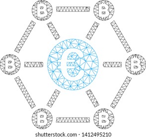 Mesh Bitcoin Euro net structure model icon. Wire carcass polygonal mesh of vector Bitcoin Euro net structure isolated on a white background. Abstract 2d mesh built from polygonal grid and round dots.