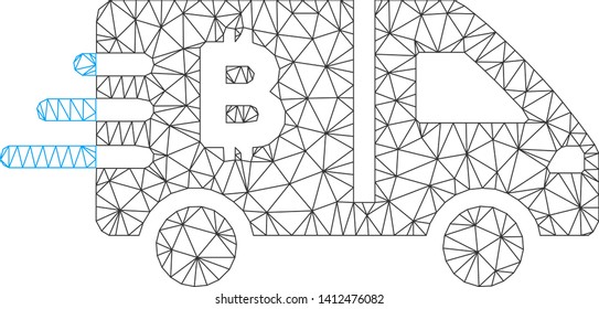 Mesh Bitcoin express car model icon. Wire frame triangular mesh of vector Bitcoin express car isolated on a white background. Abstract 2d mesh built from triangular lines and round dots.