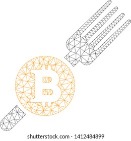 Mesh Bitcoin fork model icon. Wire carcass triangular mesh of vector Bitcoin fork isolated on a white background. Abstract 2d mesh designed with triangular lines and round dots.